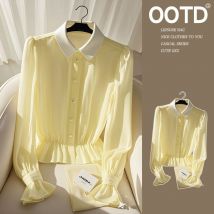 Chemise en mousseline de soie à col mature pour femme, design de niche, haut jaune unique à manches longues et fines, printemps et automne