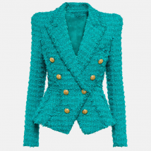 Veste de costume slim en tweed à bordures à pompons pour femme Star Fashion
