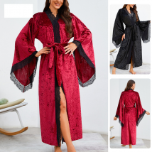 Peignoir long en dentelle pour femmes, vêtements sexy, léger, de luxe, à manches longues, en velours, chemise de nuit, vêtements de maison
