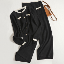 Women's light luxury, lazy temperament, small fragrance suit, high-end knitted cardigan, high-waisted wide-leg pants two-piece set