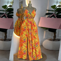 Women's Floral Print Long Dress Backless Side Slit Sling Style French Style Evening Gown Maxi Dress For Prom