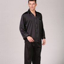 Pyjama en soie glacée noire pour hommes, vêtements d'été à manches longues, couleur unie, grande taille, vêtements de maison pour hommes