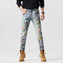 Jean slim stretch déchiré imprimé pour homme, pantalon