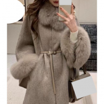 Manteau cape en laine pour femme, manteau en laine double face avec col en fourrure, nouveau style de printemps