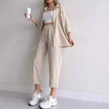 Grande taille vêtements pour femmes décontracté chemise ample veste neuf points sport sarouel ensemble deux pièces