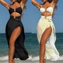 Women's Clothing New Solid Color Sexy Mesh Long Dress Three-Piece Swimwear Bikini