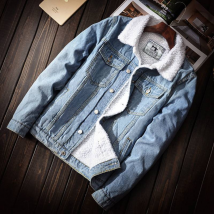 Trendy Men's Winter Light Colored Lamb Denim Korean Oversized Jacket, Plush And Thickened Top