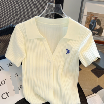 Women's Clothing V Neck Short Tops For Women In Summer High Waist High End Small Size Ice Silk Knitted Polo Shirt Waist Short Sleeved T Shirt