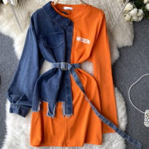 Robe patchwork chemise en jean pour femme, manches longues, design asymétrique, taille de niche, jupe amincissante aux hanches