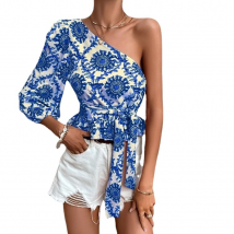 Haut de chemise imprimé à une épaule dénudée pour femmes, manches lanternes, ceinture à volants, mode d'été