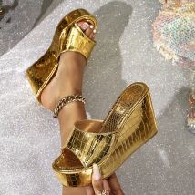 Sandales à talons compensés pour femmes, sandales dorées brillantes, sandales élégantes et simples à enfiler, sandales décontractées