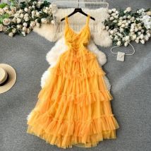 Ethereal Fairy Dress - Light Gauze Backless Design With Wood Ear Sling & Flowy Swing Skirt, Boho Mesh Irregular Hem Long Dress​​