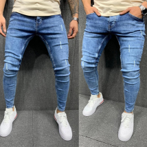 Stretch denim skinny jeans for men worn out with small feet