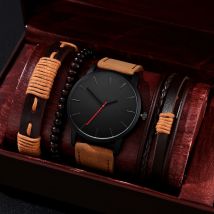Montre homme montre à quartz d'affaires costume + bracelet perlé + bracelet en cuir dentelle