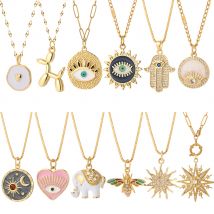 Collier soleil en forme de cœur et d'oeil bleu pour femme, pendentif mignon, chien, abeille, éléphant, couleur or, longues chaînes en acier inoxydable
