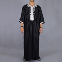 Men's Clothing Men's Long Shirt Casual Youth Plain Black Muslim Embroidered Robe 113824