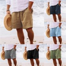 Cotton Linen New Men Short Pants Summer Solid Drawstring Elastic Waist Pockets Male Casual Streetwear Beach Shorts