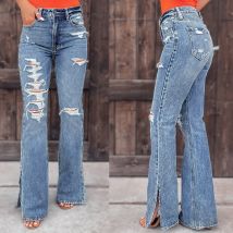 Jean femme automne street pantalon tendance lavé trou déchiré bootcut
