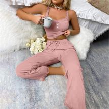 Pyjama décontracté pour femme, ensemble deux pièces, bretelles en dentelle, pantalon, vêtements de nuit, pour la maison, pour filles et dames