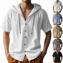 Men's Clothing Men's Solid Color Large Size Thin Breathable Linen Ami Khaki Loose Hooded Short Sleeved Shirt Men
