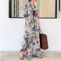Women's Casual Cotton And Linen Printed Lapel Long Sleeve Pocket Simple Loose Casual Long Shirt Dress