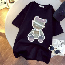 T-shirt à manches courtes en pur coton avec strass pour femme