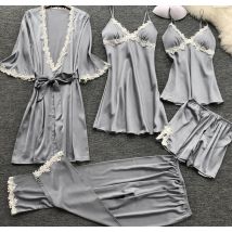 Pyjama sexy cinq pièces pour femme, robe de chambre d'été à manches mi-longues, grande taille, vêtements de maison, chemise de nuit