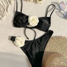 Bikini Sexy Three-dimensional Flower Strapless High Slit Solid Color Swimsuit Bikini