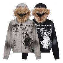 Sweat à capuche à col en fourrure pour homme Style Wasteland Cardigan délavé teint sale Sweat-shirt zippé