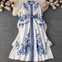 Women's Clothing Blue And White Porcelain Print Stand Collar Single Breasted Stunning Skirt 1 Sense Of Elegance Temperament Big Swing Dress
