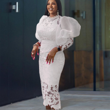 Robe femme col rond dentelle transparente manches bouffantes manches sept points coupe ajustée robe de soirée pour les femmes