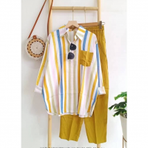 [Cotton Linen] Women's Plus Size Women's Clothing Summer Slightly Fat MM Fashionable Loose Slim Comfortable Casual Striped Suit