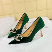 1818-K77 Banquet High Heels Shallow Mouth Pointed Xishi Suede Water Diamond Buckle Bow Single Shoes Women's