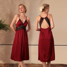 Vêtements de nuit pour femmes Sexy bretelles en satin de soie glacée lingerie sexy chemise de nuit longue couture en dentelle flirt tentation vêtements pour la maison