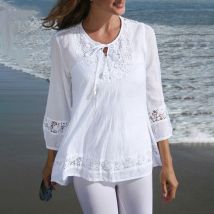 Top Femme Printemps Coton Chanvre Épissé Dentelle Manches 3/4 Lâche