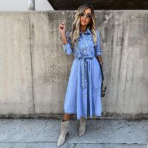 Robe décontractée en jean taille haute avec poches et revers pour femmes