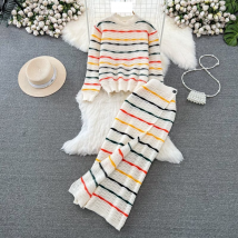 Women's Clothing Women's fashion color contrast knit suit cream ice cream striped top slimming slit skirt