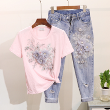 T-shirt à manches courtes + jean déchiré à neuf points pour femmes, nouveau T-shirt à manches courtes avec broderie de perles et fleurs en trois dimensions