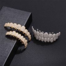 Accessoires pour bretelles Hip Hop en or véritable galvanoplastie 14 carats Ornements de dents Rap Party 10 bretelles en diamant