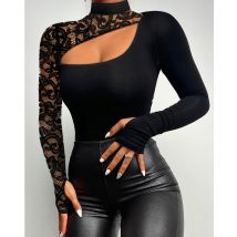 T-shirt à manches longues avec épissage de dentelle pour femme