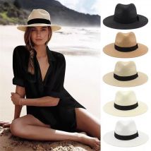 Chapeau de paille pour hommes et femmes, protection solaire d'été, chapeau haut de forme Panama, large bord tissé en herbe pour la plage et le tourisme