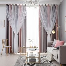 Rideaux de gaze occultants intégrés à double couche à rayures dégradées Morandi avec étoiles creuses