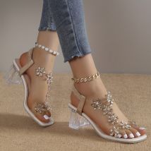 Sandales à talons blocs en strass pour femmes, sandales à talons hauts à bout ouvert et carré à la mode avec sangle élastique à enfiler, sandales polyvalentes