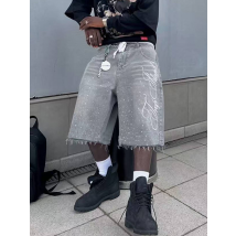 Short en jean délavé rétro pour homme et femme, coupe droite, jambes larges, effet usé, ample, décontracté, polyvalent