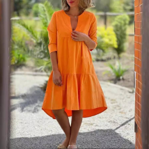 [Cotton Linen] Women's Clothing Women's New V-neck Irregular Short Sleeve Color Long Swing Dress