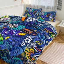 Cool Hip Hop Art Gamepad Duvet Cover Twin Size Set,Watercolor Room Guitar Soccer Car Graffiti Print Comforter Cover Sets (1 Duvet Cover&2 Pillowcases)