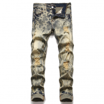 Jeans hommes Skinny coton élastique filigrane étoile rétro bleu trou mendiant porter rue petits pieds pantalons pour hommes