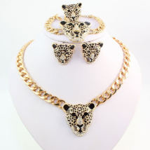 Mode tête de léopard Bracelet boucles d&#39;oreilles collier bague ensemble nouveaux ensembles de bijoux africains en cristal de couleur or à la mode