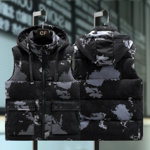 Gilet d'automne et d'hiver pour hommes, gilet en coton à capuche camouflage de style coréen, gilet épais et chaud, grande taille, beau gilet