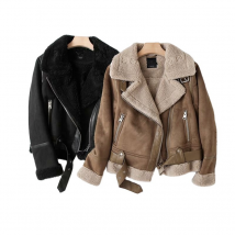 Women's Large Lapel Thick Motorcycle Suede Black Coffee Fur All-in-one Coat
